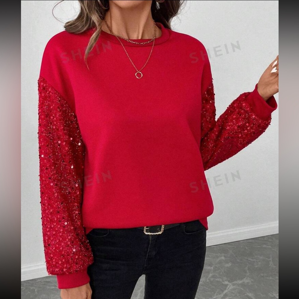 SHEIN red sweater with red sequin sleeves, new
